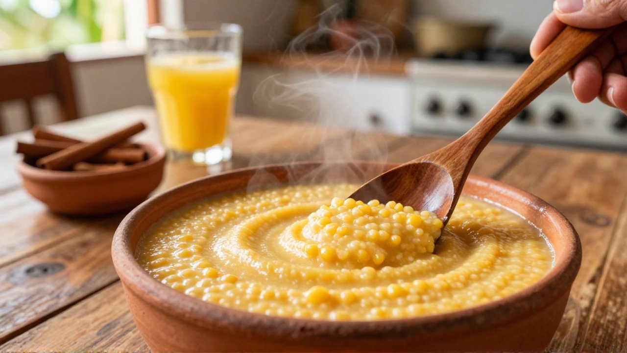 A wooden spoon stirs thick, steaming cornmeal porridge in a sunlit kitchen setting.
