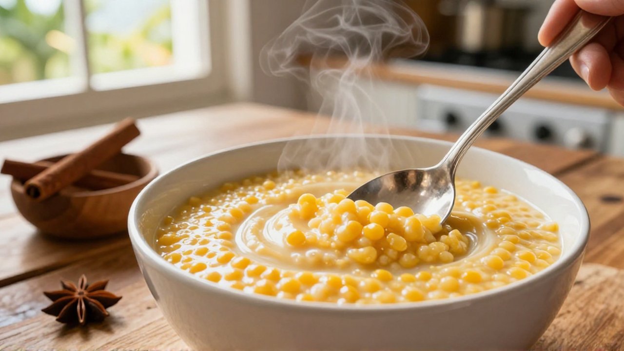 A silver spoon stirs steaming, creamy yellow cornmeal porridge in a sunlit rustic kitchen.