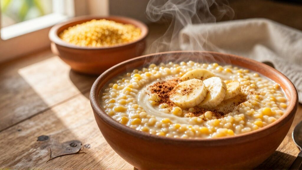 Steaming cornmeal porridge topped with cinnamon and banana slices on a rustic wooden table.