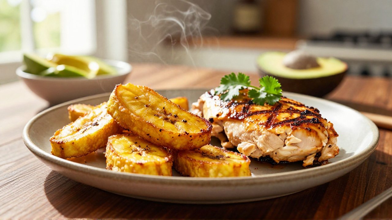 Golden-brown fried plantains and seasoned grilled chicken sit on a rustic plate in a sunlit kitchen.