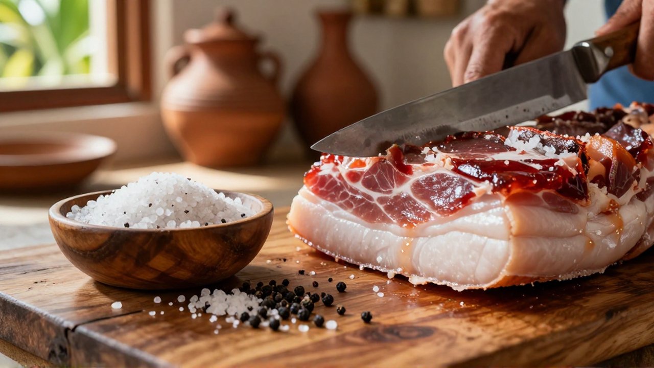 A sharp knife slices a piece of salt-cured pork on a rustic wooden table next to a bowl of coarse sea salt.