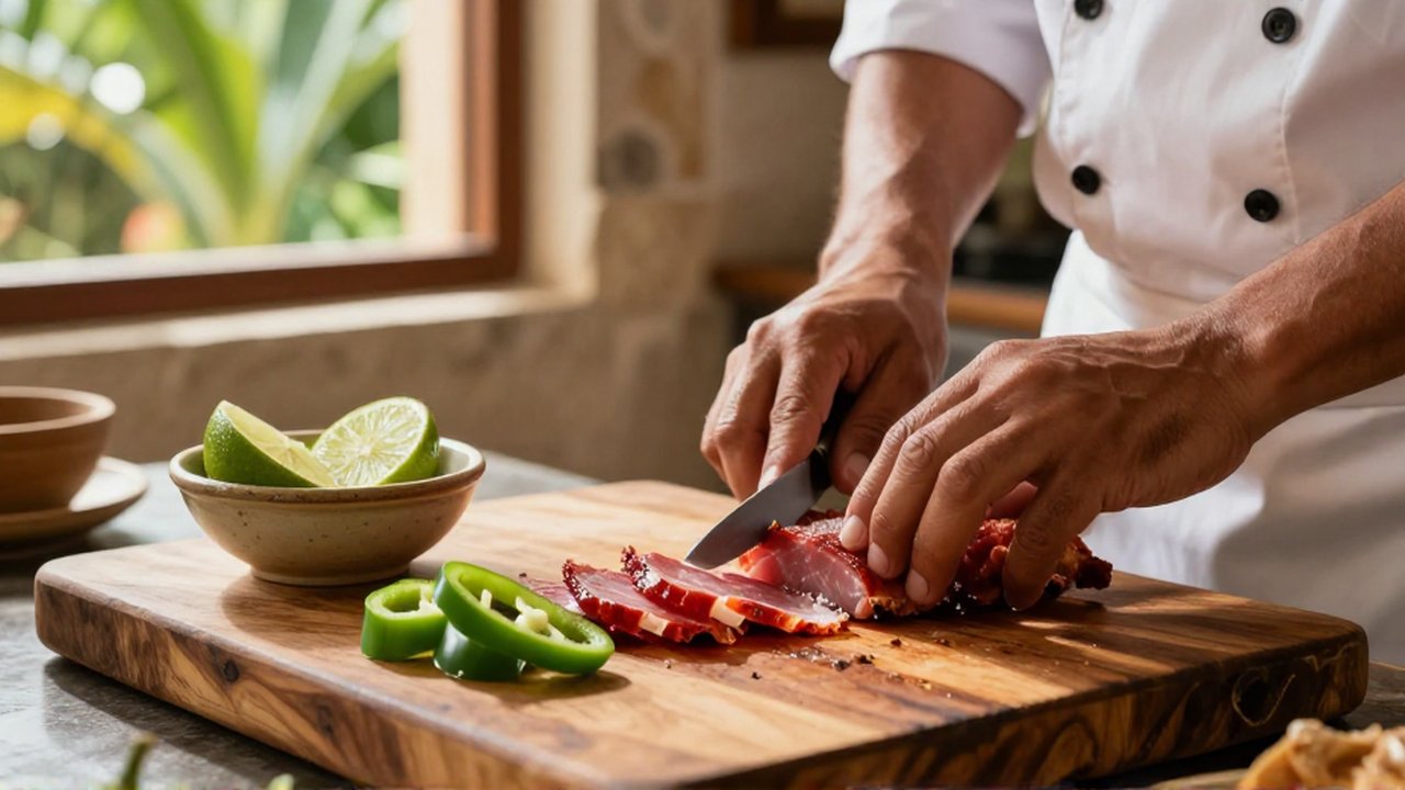 A cook slices thin pieces of cured meat on a wooden board next to lime wedges.