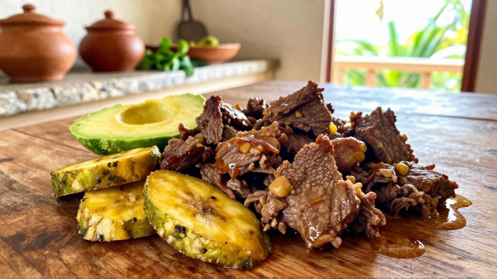 Sautéed salted meat served with boiled green plantains and creamy avocado on a rustic table.