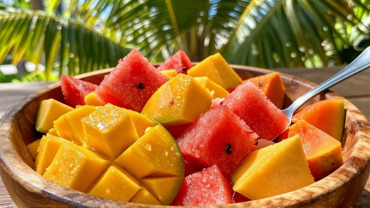 A close-up view of a colorful fruit salad with mango, watermelon, and papaya in a wooden bowl on a sunlit patio.