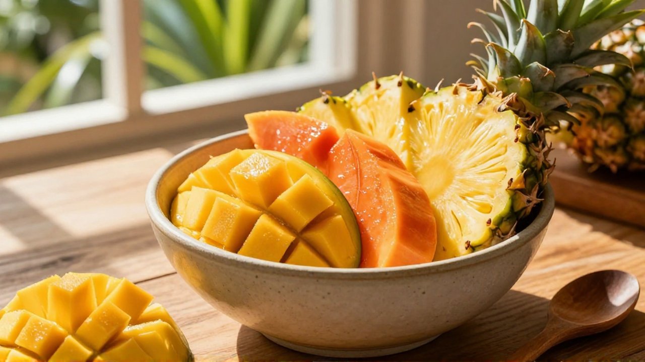 A rustic ceramic bowl is filled with fresh chunks of mango, papaya, and pineapple on a wooden table.