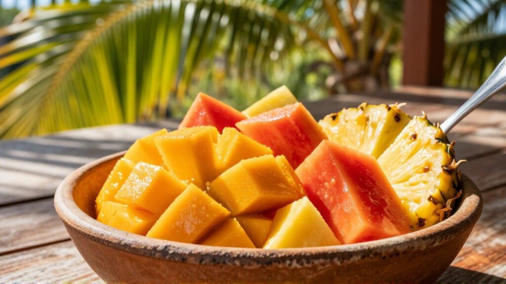 A ceramic bowl filled with chunks of mango