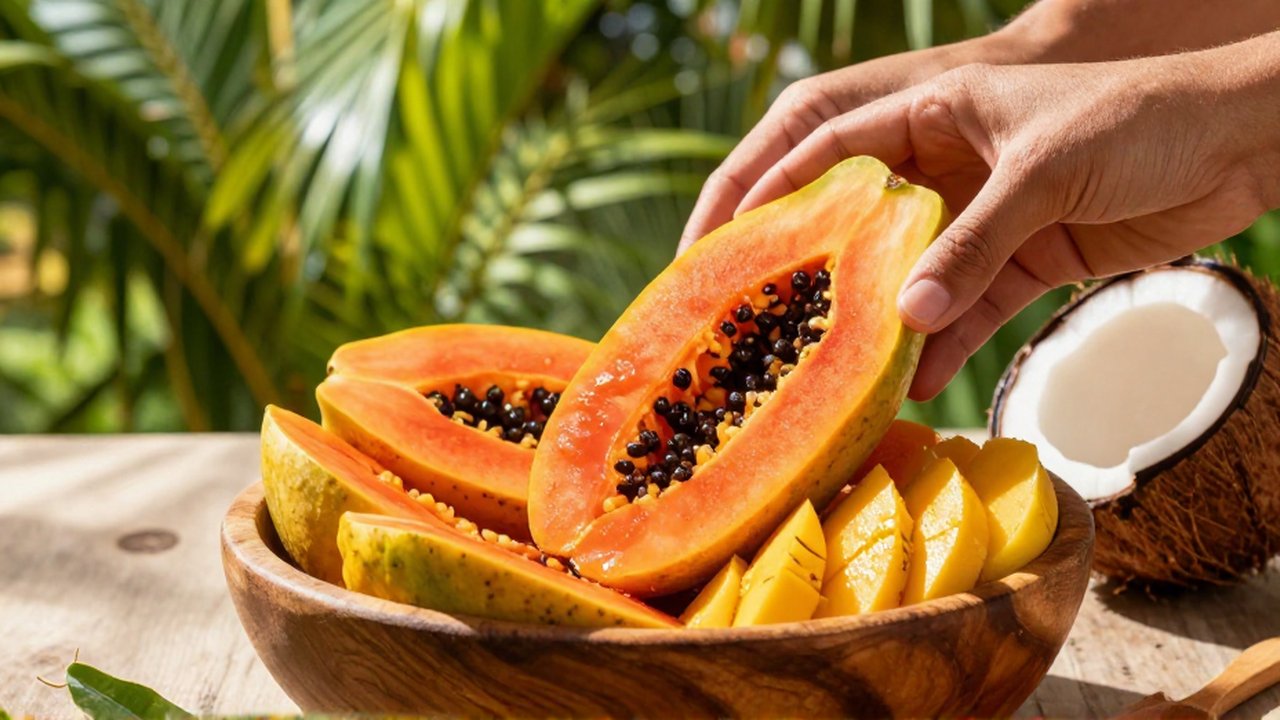 Hands arrange sliced papaya, mango, and guava in a wooden bowl on a sunny patio.