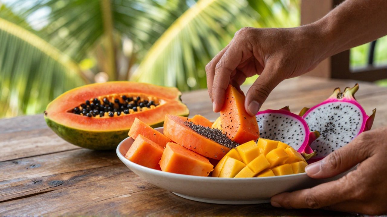 Hands arrange sliced papaya, dragon fruit, and mango in a bowl on a sunlit wooden table.