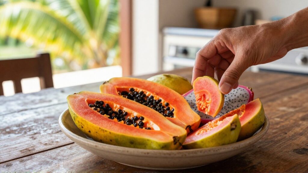 A hand places a slice of guava into a ceramic bowl of colorful tropical fruits.