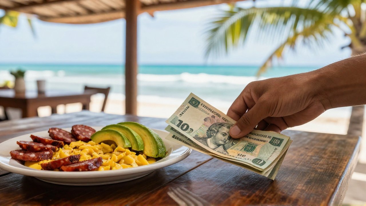 A hand places Dominican pesos on a wooden table beside a plate of Mangú and avocado.