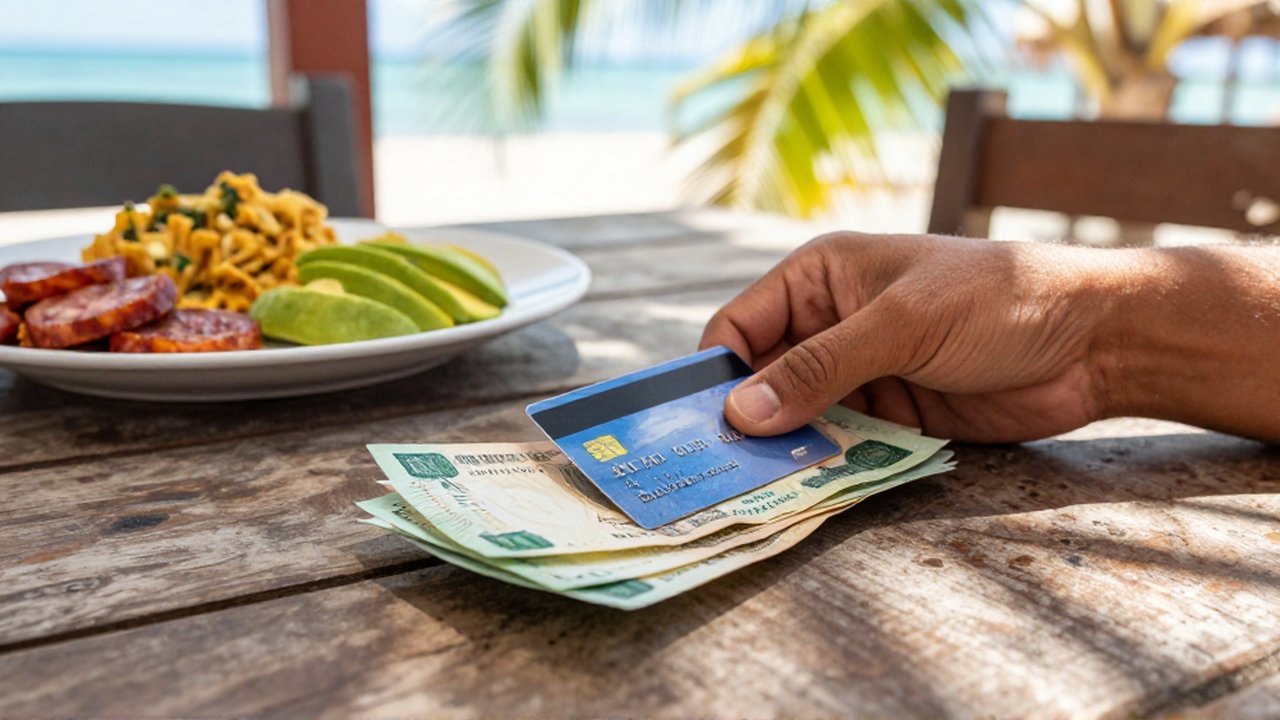 Hands place colorful Dominican pesos and a credit card on a wooden table next to a plate of Mangú.