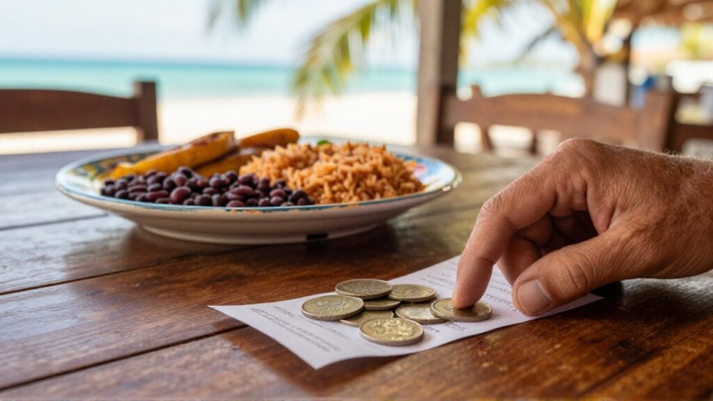A hand places Dominican peso coins next to a receipt on a wooden table beside a plate of rice