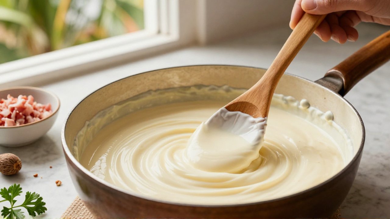 A wooden spoon stirs thick white bechamel sauce in a saucepan on a sunlit marble countertop.