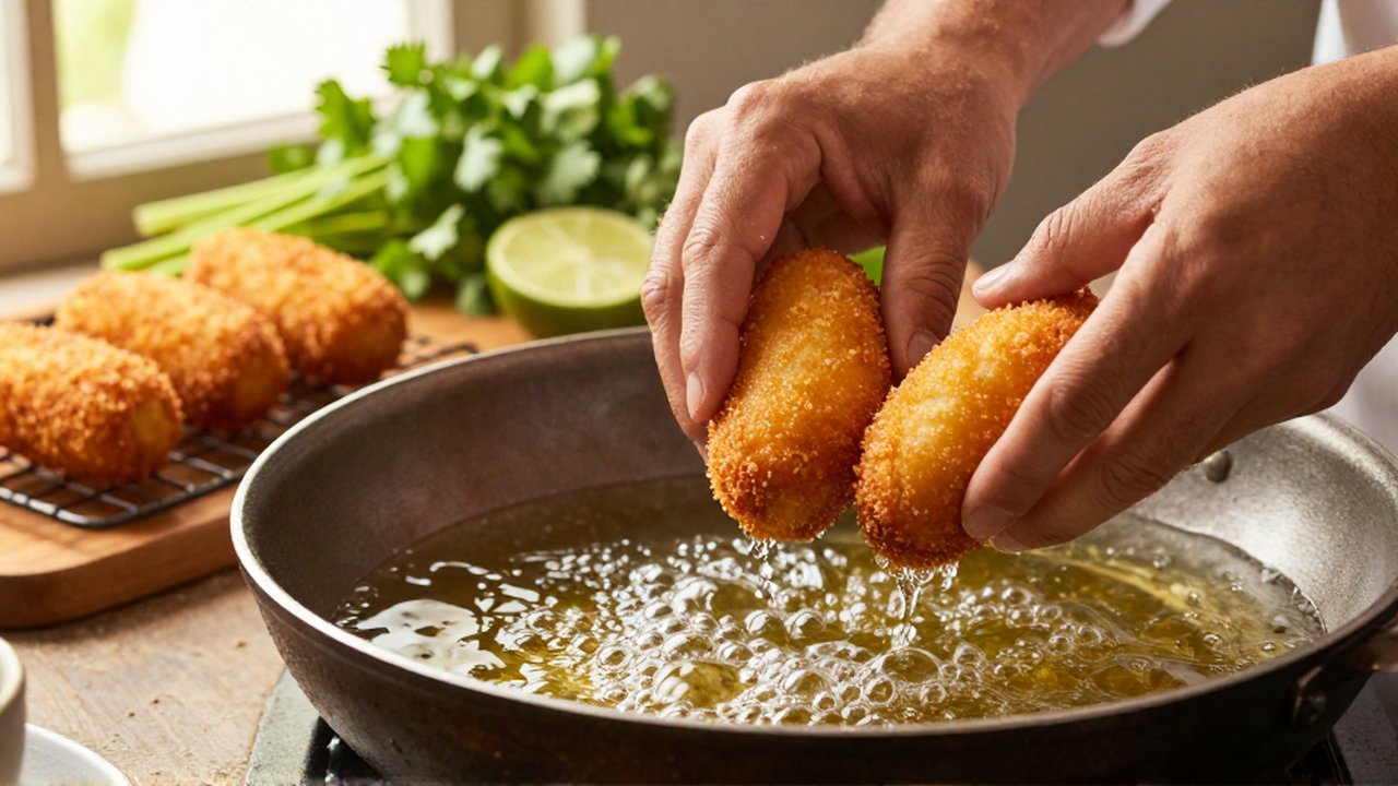 A chef's hands lower breaded croquetas into bubbling hot oil in a rustic kitchen.