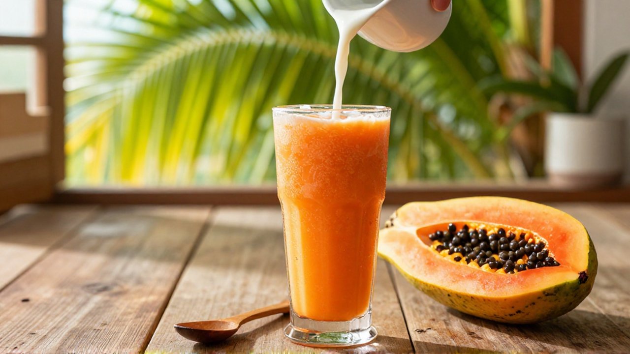 Coconut milk is poured into a thick orange papaya smoothie on a tropical wooden table.