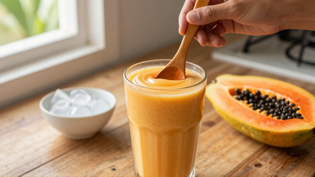 Hands stir a thick, bright orange papaya smoothie in a glass on a wooden countertop.
