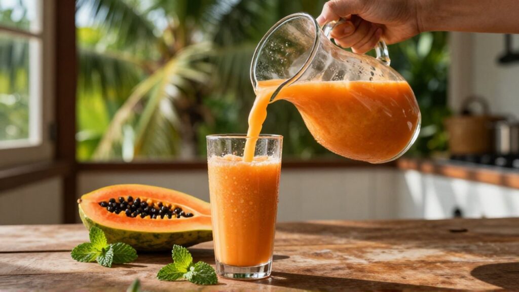 Creamy orange papaya smoothie is poured from a pitcher into a chilled glass on a wooden table.