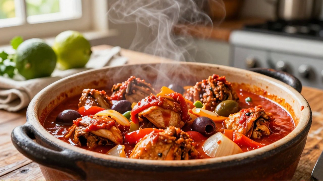 Steaming chicken stew with vegetables and olives in a ceramic pot on a wooden table.