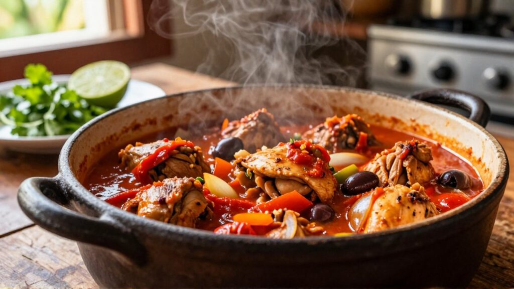 Simmering chicken stew in a ceramic pot sits on a wooden table in a sunlit kitchen.