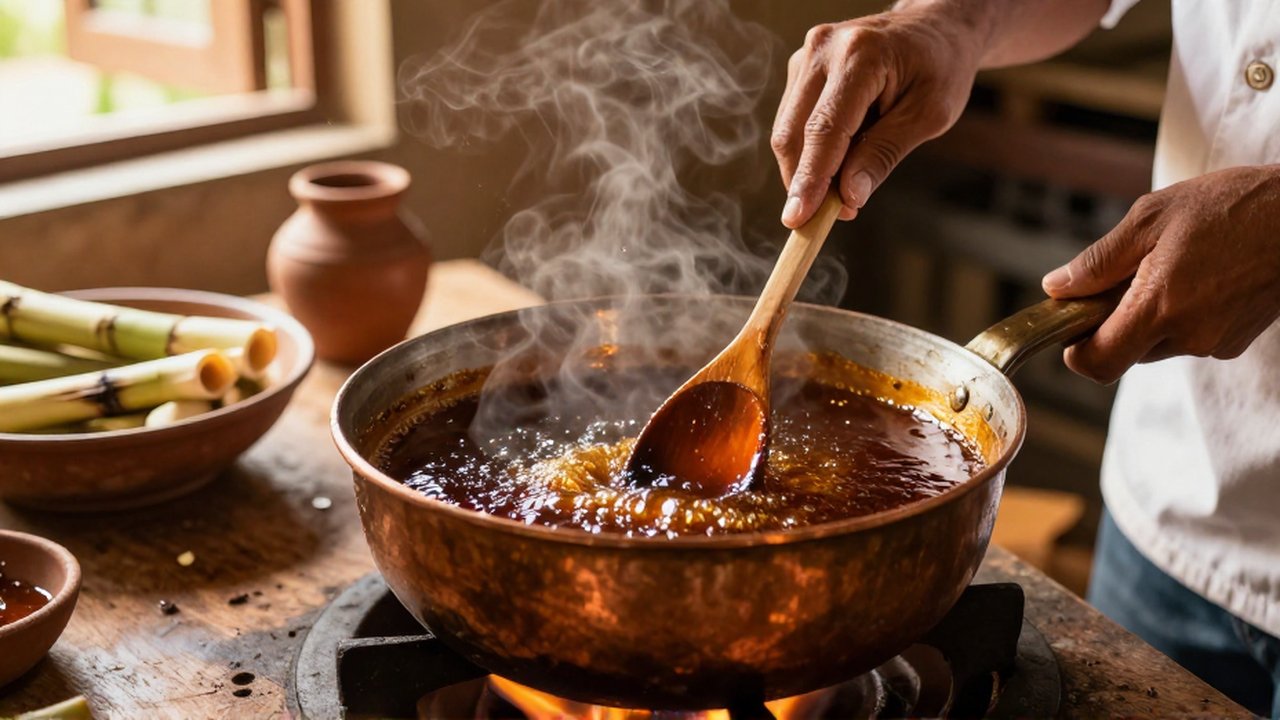 A cook stirs thick, bubbling molasses syrup in a copper pot within a rustic kitchen.