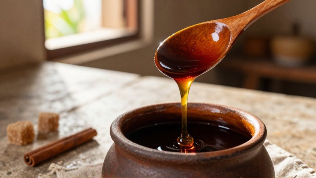 A wooden spoon lifts a thick stream of dark amber molasses from a clay pot.
