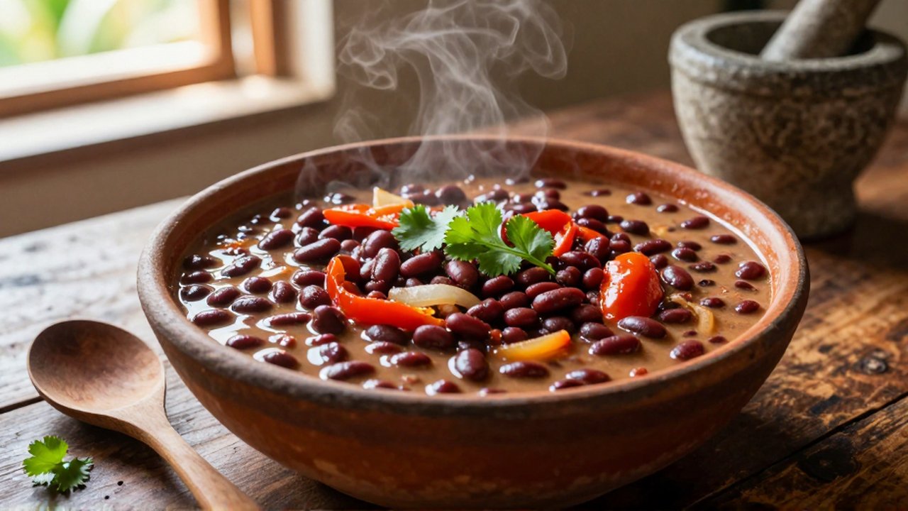 A top-down view of creamy red beans in a savory tomato sauce served in a rustic ceramic bowl.