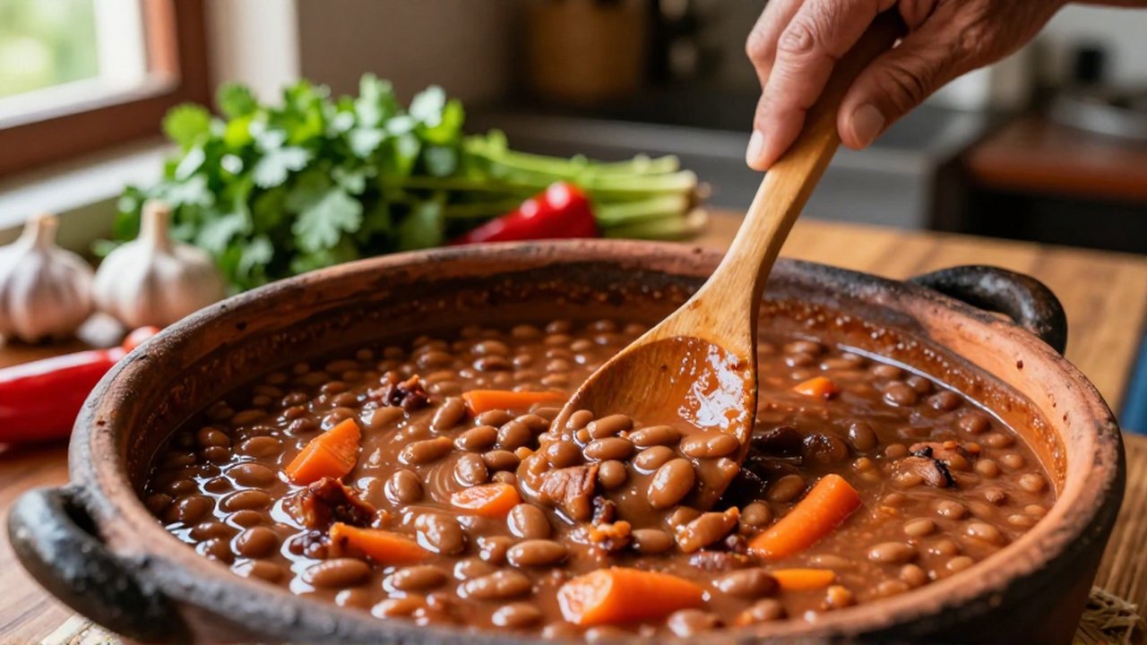 A chef stirs a creamy reddish-brown bean stew with carrots and pork in a clay pot.