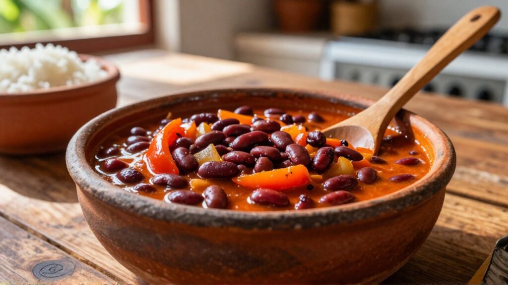 Creamy red kidney beans in a rich tomato sauce served in a ceramic bowl on a wooden table.
