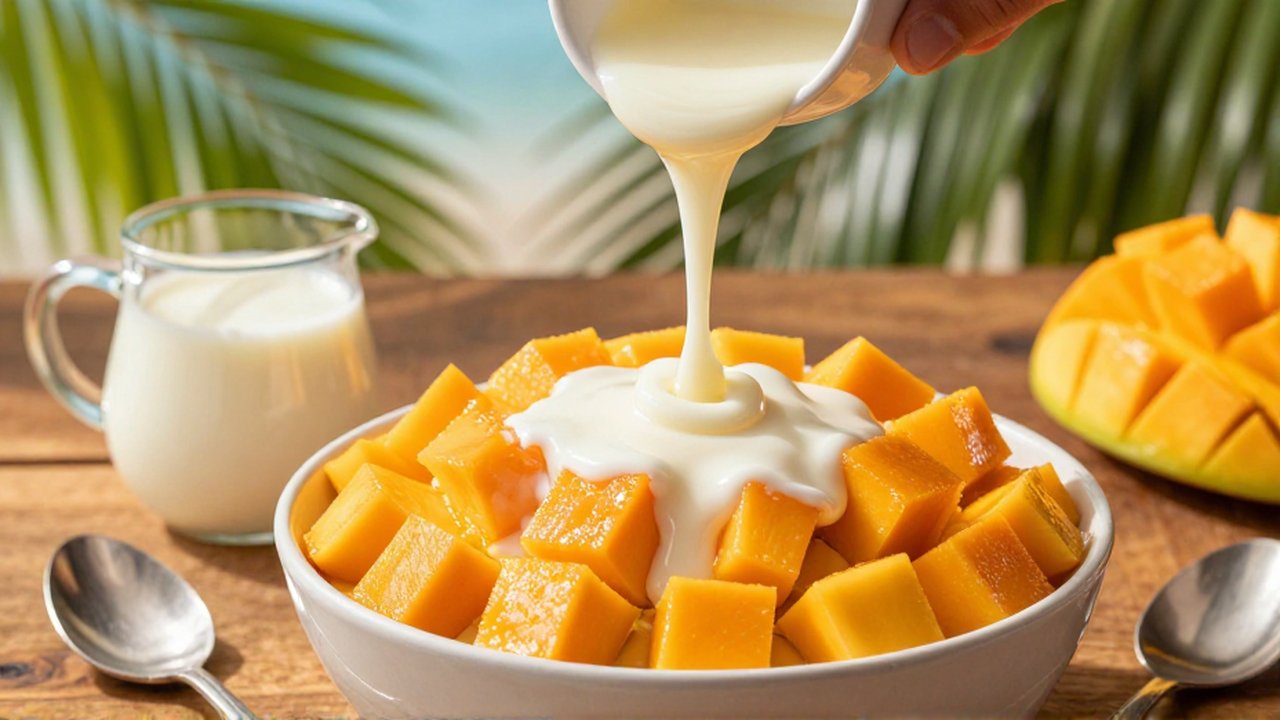 Thick sweetened condensed milk is poured over a bowl of fresh mango cubes on a wooden table.