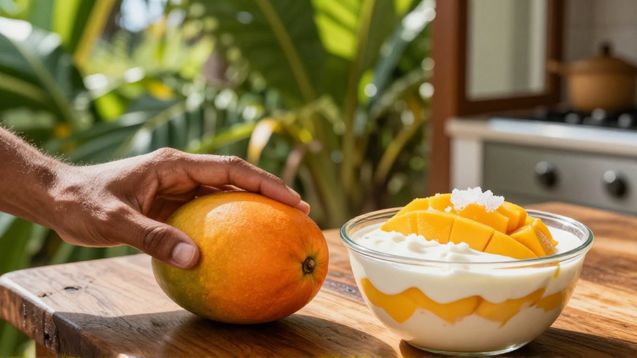Hands press a ripe mango on a wooden table next to a bowl of mango with cream.