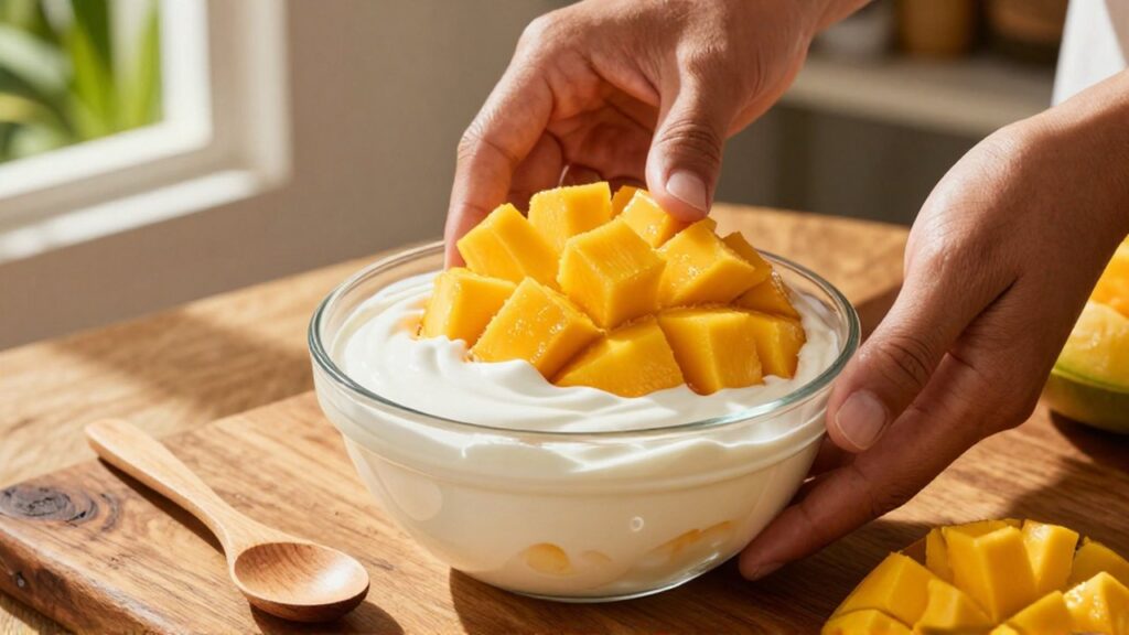 Hands layer juicy yellow mango chunks over thick white cream in a clear glass bowl.