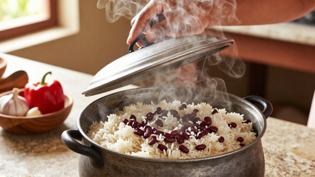 Hands lift a metal lid from a steaming pot of white rice and red beans on a stone countertop.