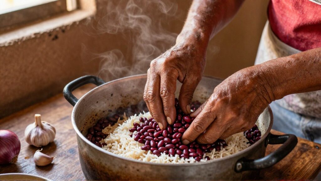 Weathered hands layer red kidney beans and white rice into a heavy pot on a rustic wooden table.