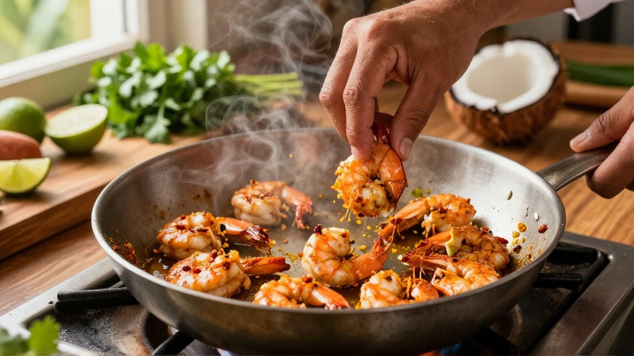 A chef tosses shrimp and sea bass in a stainless steel skillet filled with colorful spices.