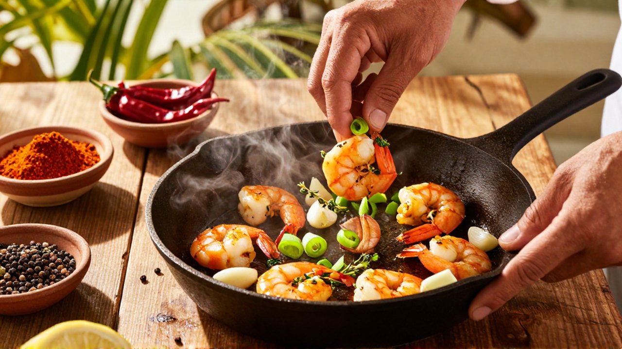 A chef tosses shrimp and scallops with garlic and herbs in a sizzling cast-iron skillet.