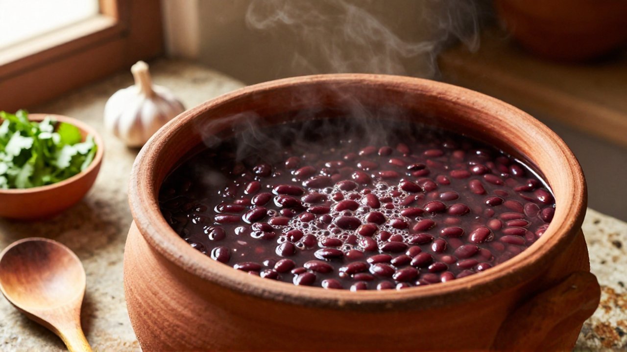 A top-down closeup of dark red beans simmering in a clay pot on a stone countertop.