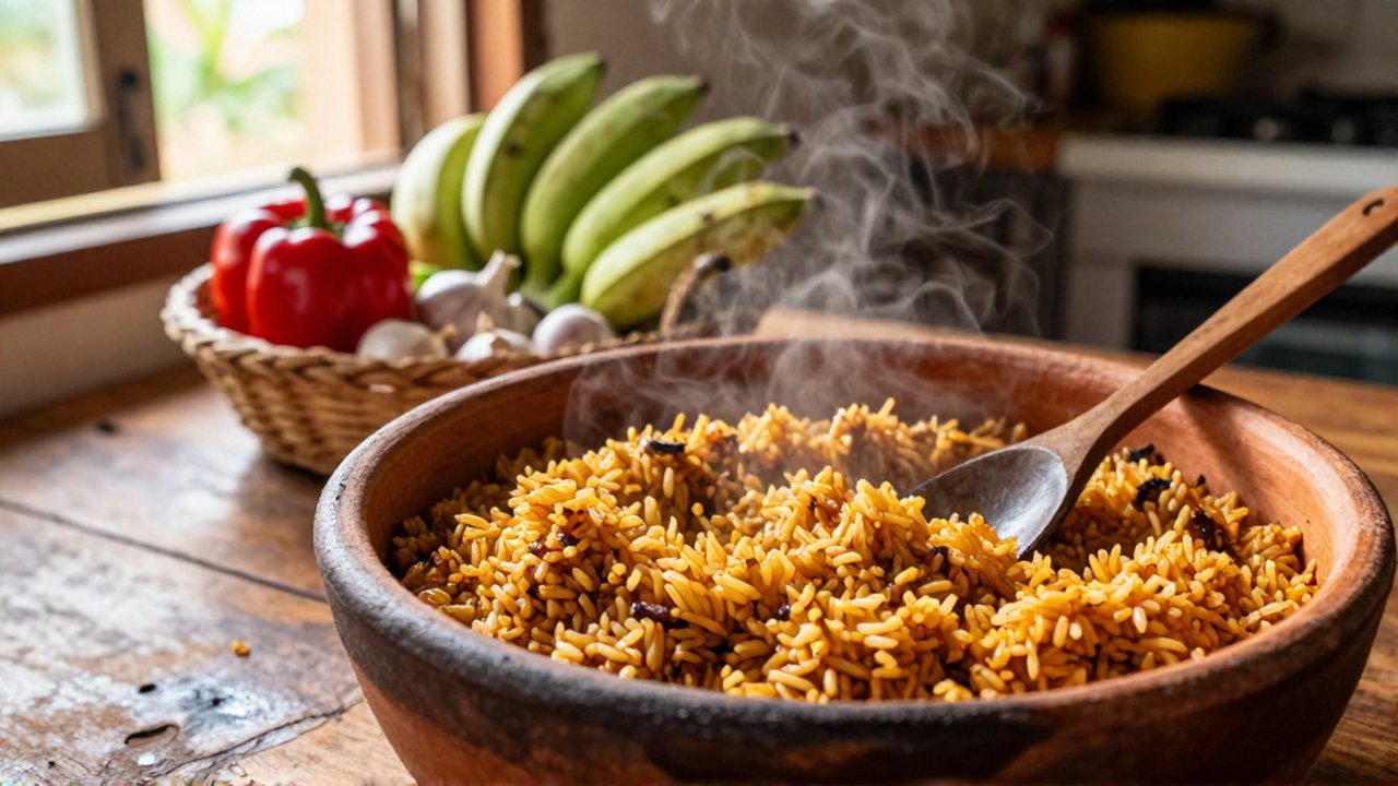 Steaming Concon rice in a large clay pot sits on a wooden table near fresh vegetables.
