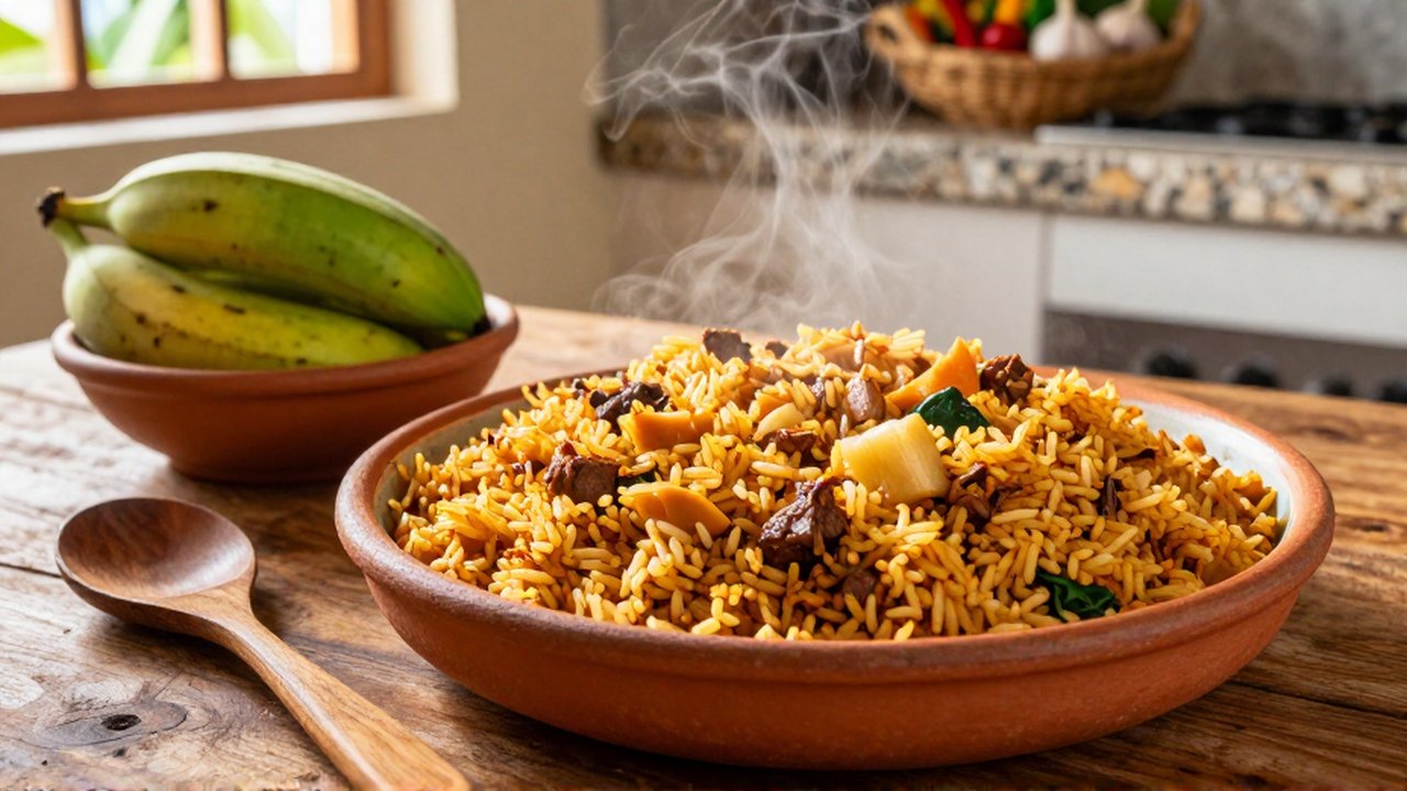 A platter of colorful rice and beans with crispy rice sits on a rustic wooden table.
