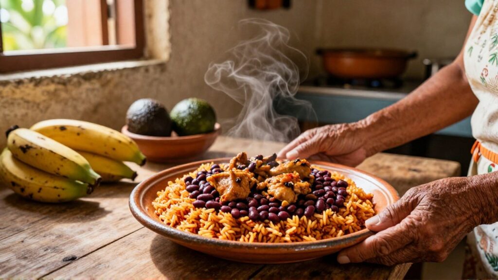 An elderly woman's hands serve red rice