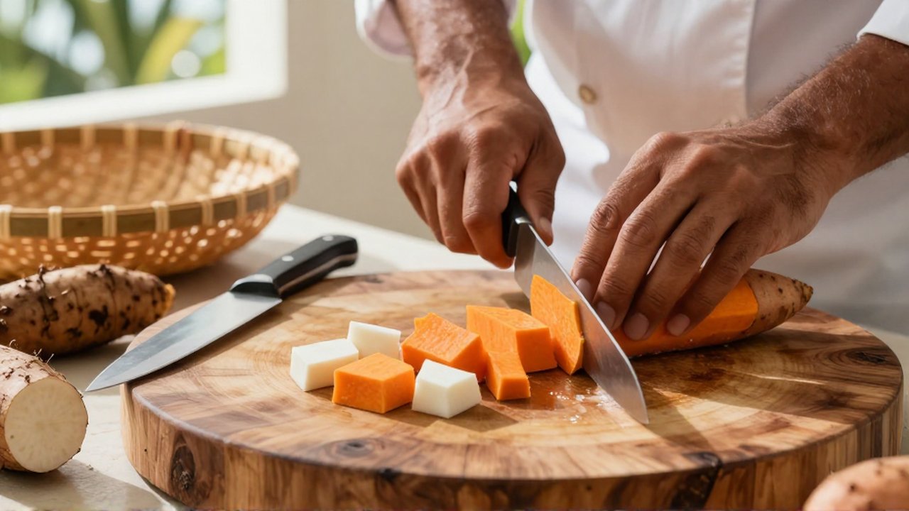 A chef's hands slice uniform cubes of sweet potato and yuca on a wooden board.