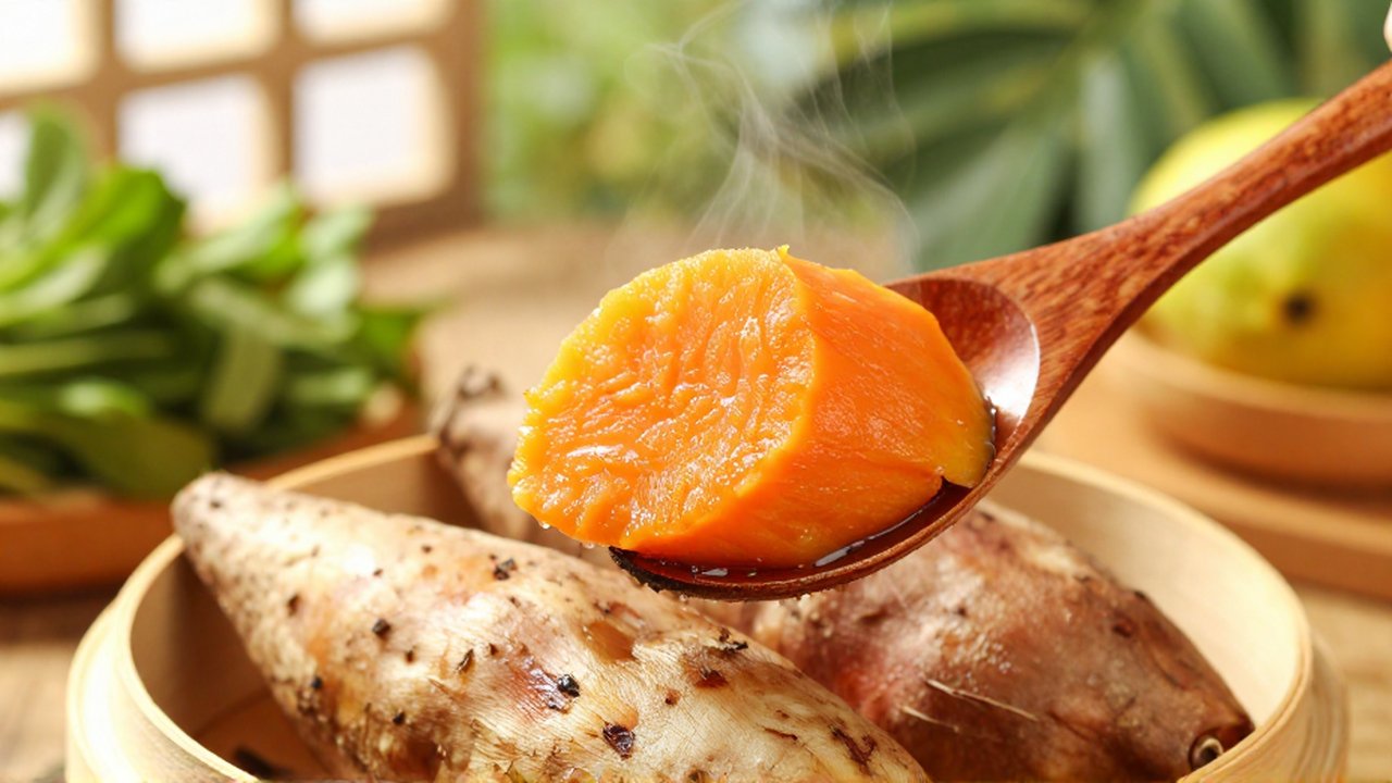 A wooden spoon tests the soft texture of steaming sweet potato and cassava in a bamboo steamer.