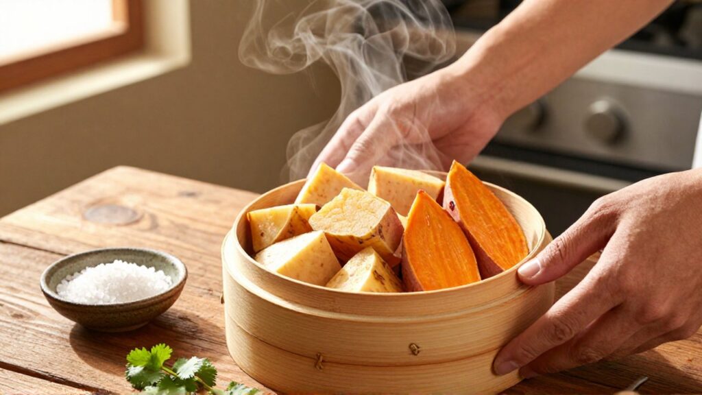 Hands lift a steaming bamboo basket to reveal cooked yuca and sweet potatoes on a wooden table.