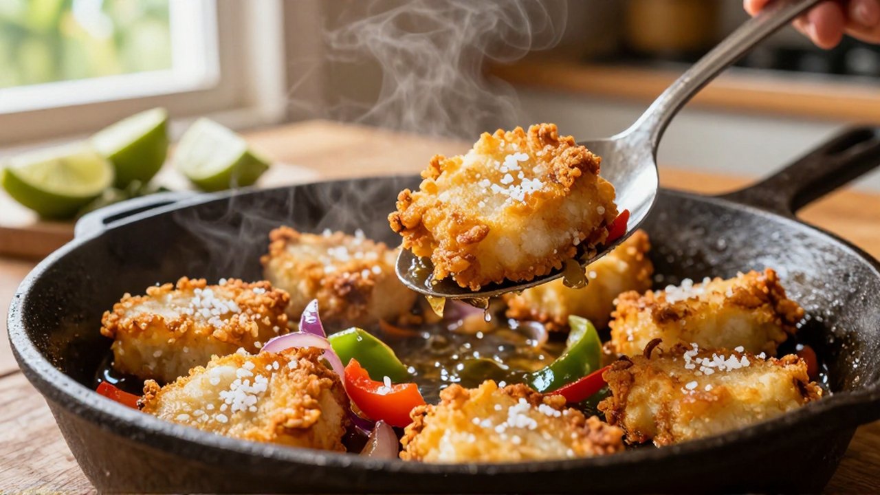 A slotted spoon lifts crispy, golden-brown fried cod pieces with sliced peppers from a skillet.