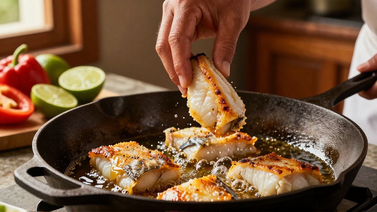 A chef's hands lower thick flakes of seasoned cod into a sizzling cast-iron skillet filled with hot oil.