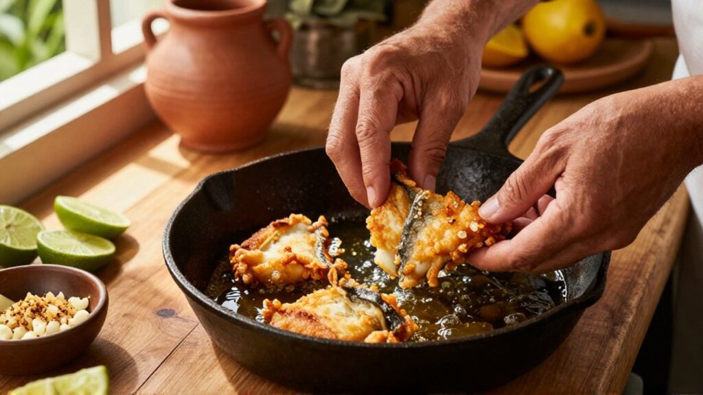 Chef's hands place golden-brown fried salted cod into a shallow cast-iron skillet of bubbling oil.