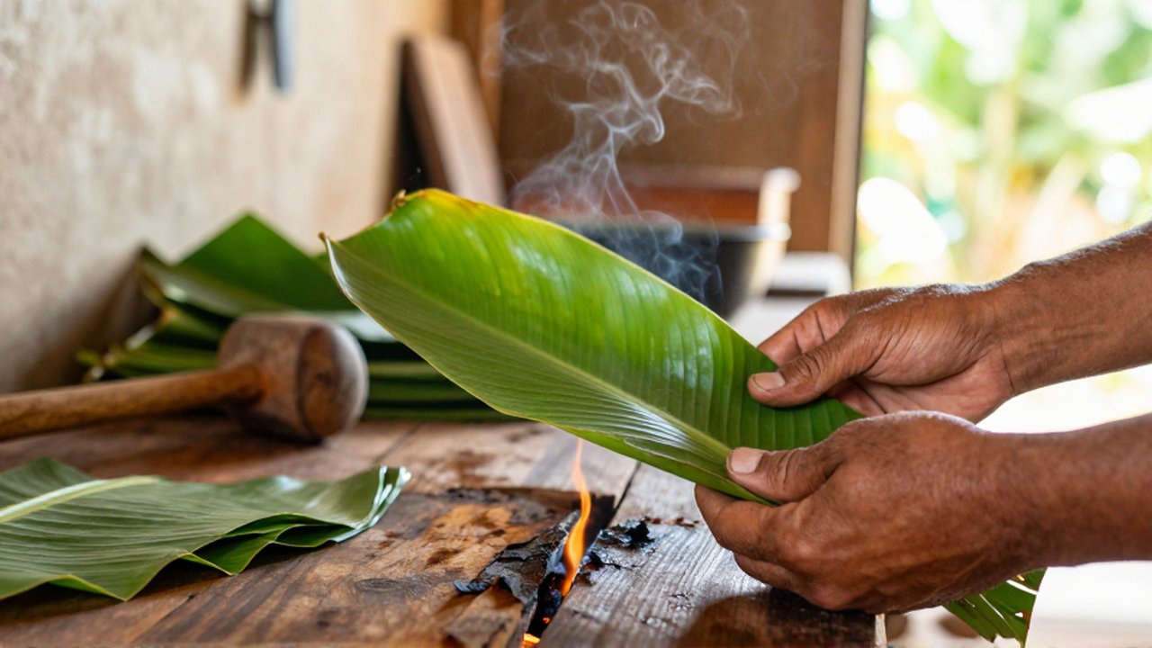 Weathered hands wilt a large green banana leaf over an open flame on a wooden table.