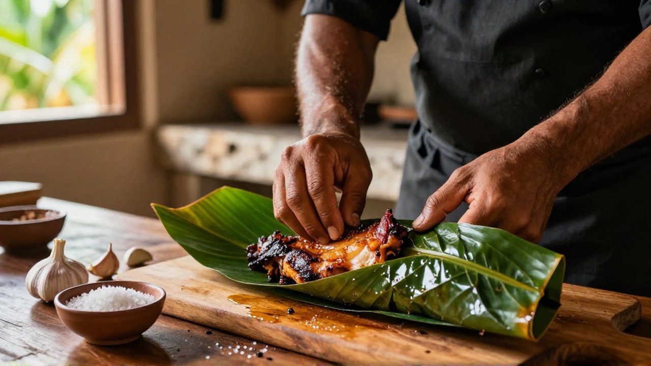 A chef wraps seasoned pork in large green banana leaves on a rustic wooden countertop.