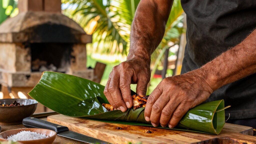 A cook's weathered hands wrap seasoned pork in large green banana leaves in a sunlit outdoor kitchen.