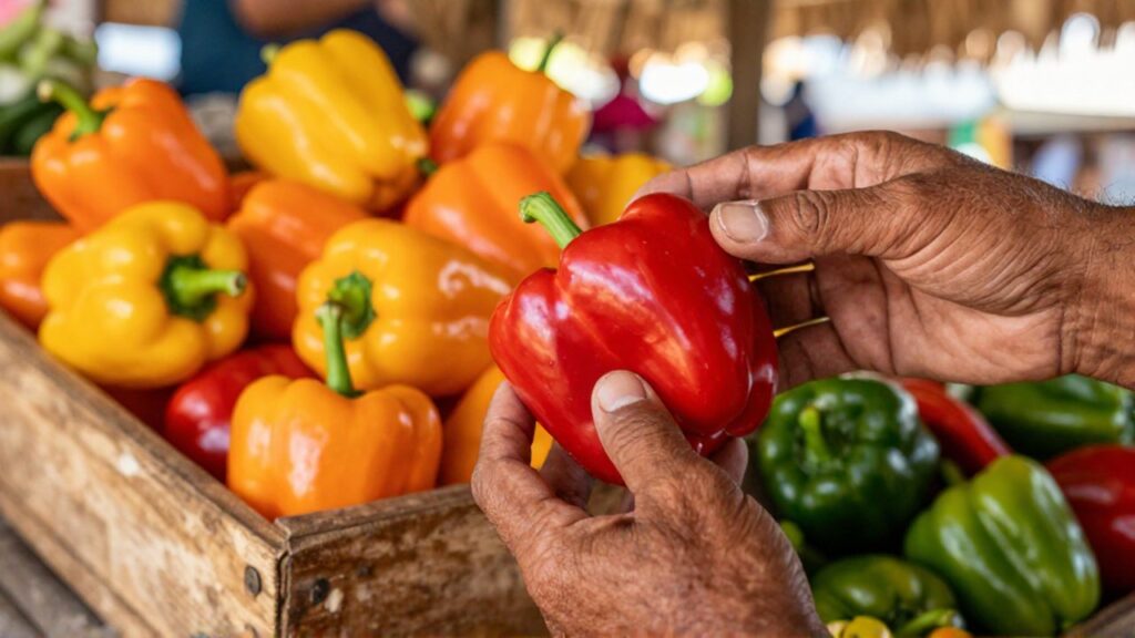 Weathered hands inspect a glossy red bell pepper among other colorful vegetables at a sunlit outdoor market.