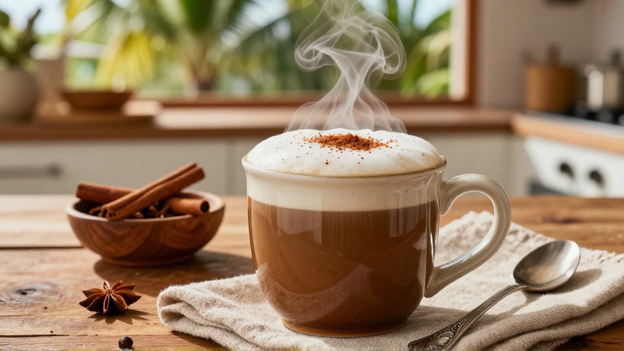 A steaming mug of coffee with milk and cinnamon sits on a wooden table next to star anise.